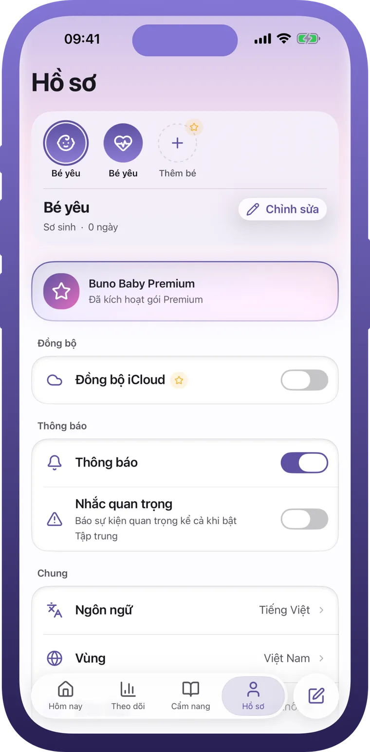 Màn hình hồ sơ trong Buno Baby