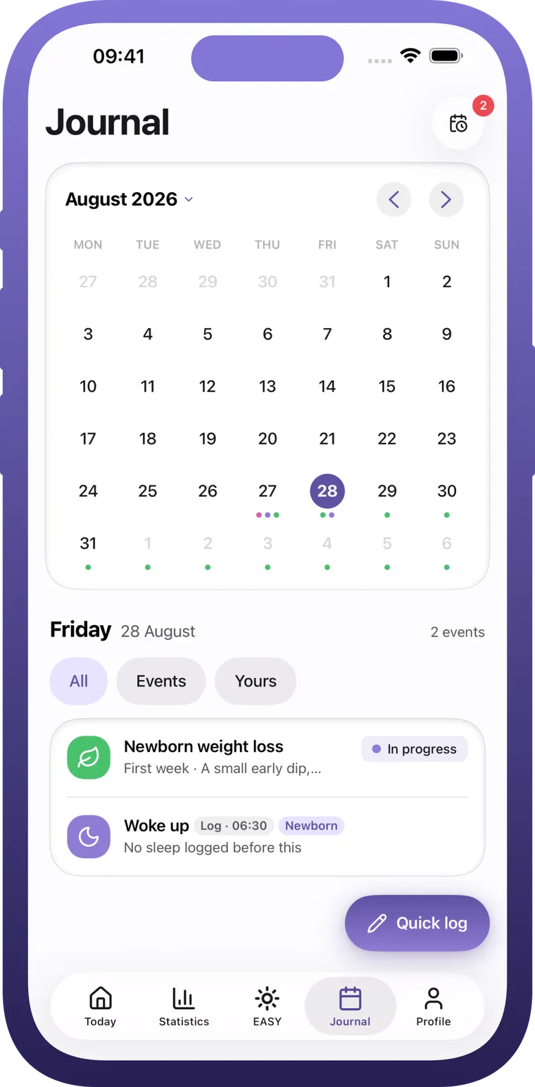 The calendar screen in Buno Baby
