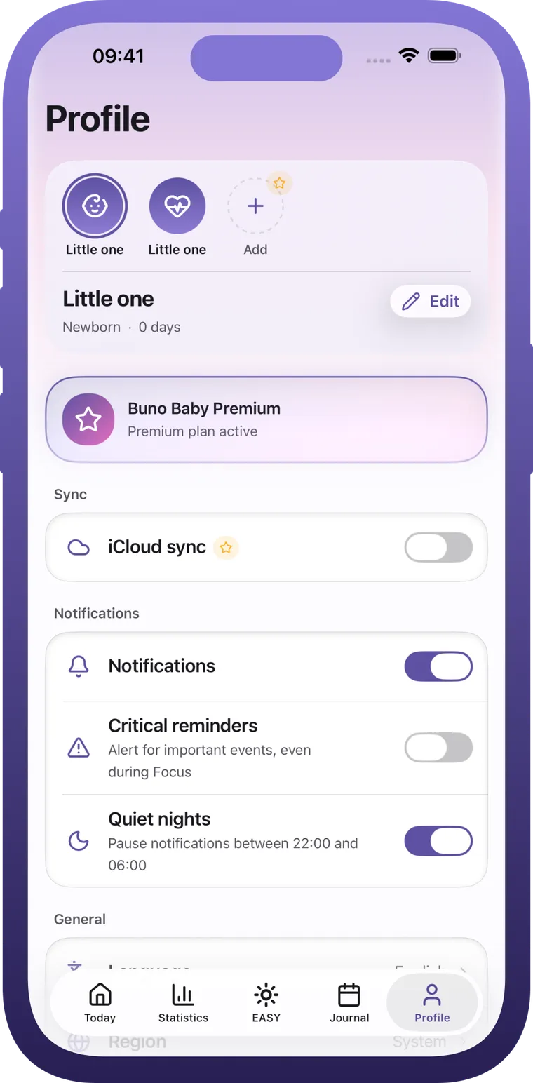 The profile screen in Buno Baby